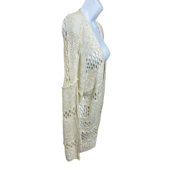 Beige Open Knit Cardigan Sweater Sz Large Long Fit Lightweight Long-Sleeve - Picture 3 of 5